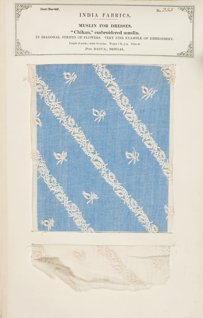 Chikan bestickte Musselinprobe aus Dacca in Bengalen, aus The Collection of the Textile Manufacturers of India, von John Forbes Watson, veröffentlicht 1866 von Indian School
