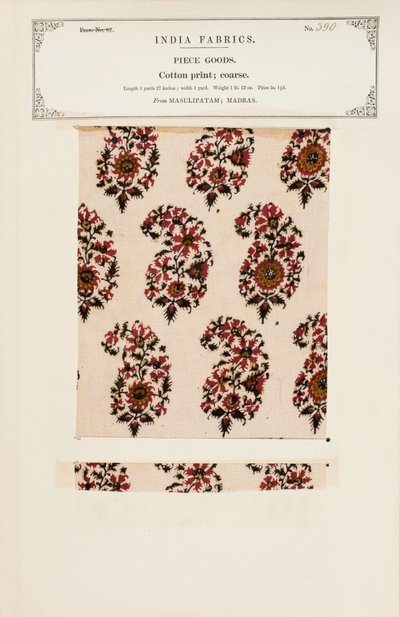 Baumwollprobe mit Chetee (Chintz) Druck aus Arcot in Madras, aus The Collection of the Textile Manufacturers of India, von John Forbes Watson, veröffentlicht 1866 von Indian School
