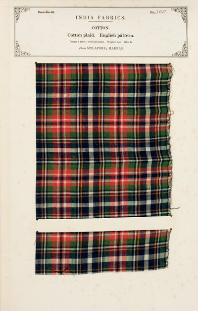 Baumwollprobe mit Chetee (Chintz) Druck aus Arcot in Madras, aus The Collection of the Textile Manufacturers of India, von John Forbes Watson, veröffentlicht 1866 von Indian School