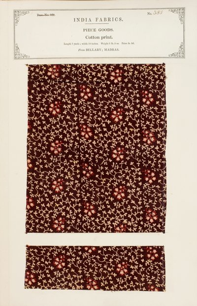Grobe Baumwollprobe mit Chetee (Chintz) Muster aus Arcot in Madras, aus The Collection of the Textile Manufacturers of India, von John Forbes Watson, veröffentlicht 1866 von Indian School