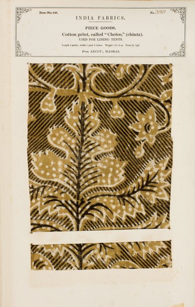 Bedruckte Baumwoll-Palampore- oder Bettdeckenprobe aus Masulipatam in Madras, aus The Collection of the Textile Manufacturers of India, von John Forbes Watson, veröffentlicht 1866 von Indian School