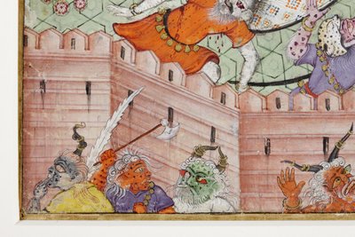 (Detail) Krishna spaltet den Dämon Narakasura mit seinem Diskus, ca. 1585-90 von Indian School