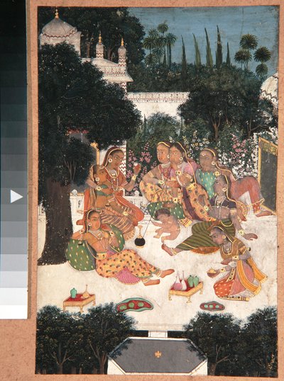 Acht Frauen und ein Kind auf einer Palastterrasse von Indian School