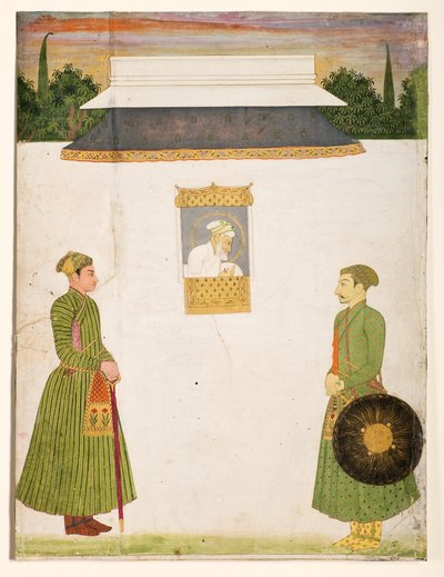 Kaiser Aurangzeb an einem Jharokha-Fenster, zwei Edelleute im Vordergrund, ca. 1710 von Indian School