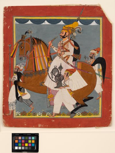 Reiter Raja Bhim Singh mit Wasserpfeife und Dienern von Indian School