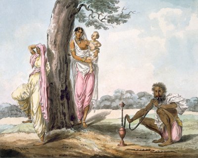 Familie: Mann raucht eine Wasserpfeife und Mädchen macht Yoga, ca. 1850 von Indian School