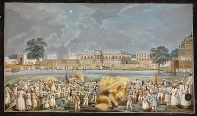 Feuerwerk bei hellem Mondschein vor dem Agna Mahal, Teil des Palastes des Nawab am Fluss in Murshidabad von Indian School