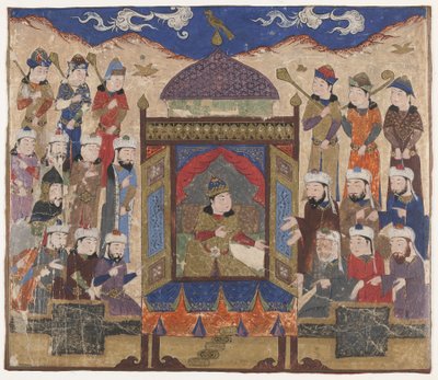Folio aus einem Shahnama (Buch der Könige) von Firdawsi; Kay Khusraw Parwez auf dem Takht-i Taqdis sitzend, möglicherweise Indien, ca. 1425-50 von Indian School