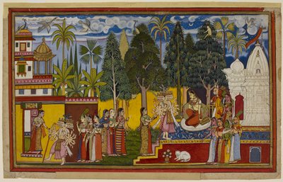 Von einem Shingshapa-Baum aus beobachtet Hanuman Sita, umgeben von weiblichen Titanen, als Ravana ankommt und sie bittet, ihn zu heiraten von Indian School