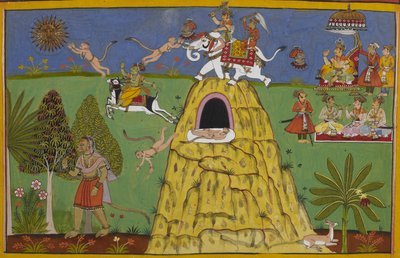 Hanuman springt zur Sonne; Indra schlägt ihn, was seinen Fall verursacht von Indian School