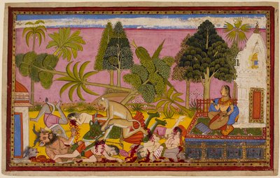 Hanuman greift die Dämonen an, zerstört den Lustgarten und besiegt Ravanas Truppen, während Sita zusieht von Indian School