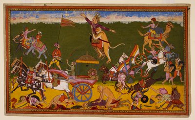 Hanumān besiegt Rāvaṇas fünf Generäle und tötet seinen Sohn Akṣa, was Rāvaṇas Truppen zur Flucht veranlasst. 1653 (Miniatur) von Indian School