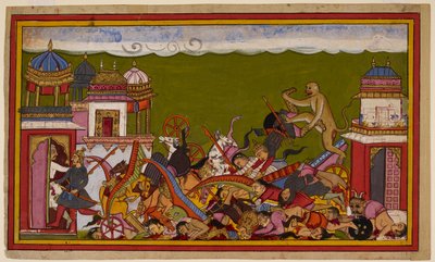Hanumān zerstört den Tempel, besiegt Rāvaṇas Truppen, und ein Mann entkommt in die Stadt. 1653 (Miniatur) von Indian School