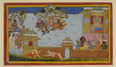 Hanumān wehrt Dämonen ab; Rāma und Rāvaṇa beobachten von Indian School
