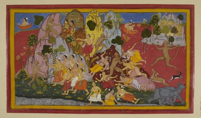 Hanuman kämpft gegen Gandharvas und entwurzelt einen Berg für Heilkräuter von Indian School