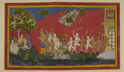 Hanumān heilt die Verwundeten mit Kräutern; Affen brennen Laṅkā nieder und vergessen Indrajit von Indian School