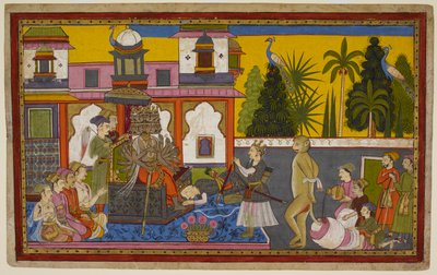 Hanuman wird von Ravana gefangen genommen, gedemütigt, entkommt aber und setzt die Stadt mit seinem brennenden Schwanz in Brand. 1653 (Miniatur) von Indian School