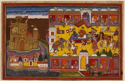 Hanumān beobachtet den Hauptplatz von Laṅkā vom Dach des Basars und bewegt sich dann zum Gipfel von Rāvaṇas goldenem Palast von Indian School