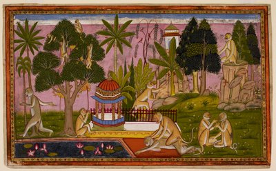 Hanuman berichtet von Sitas Entdeckung, und Angada greift Dadhimukha in Madhuvana an von Indian School
