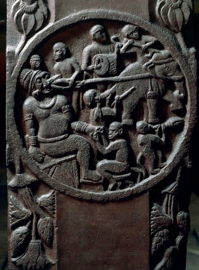 Indische Kunst, Hinduismus: Flachrelief, das Affen zeigt, die einem Riesen mit Elefanten einen Zahn herausreißen. 2. Jahrhundert v. Chr. Kolkata, Indian Museum von Indian School