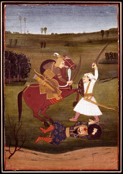 Indische Kunst: „Schlacht zwischen einem Prinzen zu Pferd und einem Krieger“ Miniatur der Schule von Bikaner (1765) von Indian School