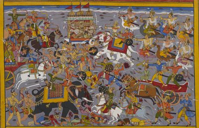 Indra kämpft gegen Ravana, der den Pushpaka-Wagen von seinem Elefanten Airavata aus reitet von Indian School