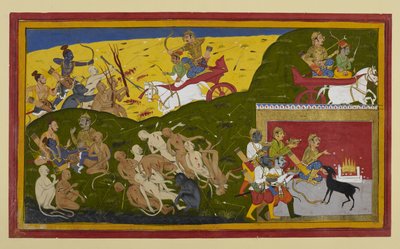 Indrajit kämpft, während Rama um Sitas Tod trauert, getröstet von Lakshmana und Vibhishana von Indian School