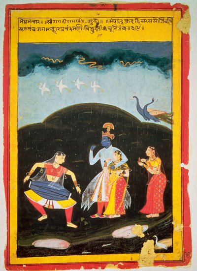 Krishna und Radha im Regen mit zwei Musikern, Rajasthan von Indian School