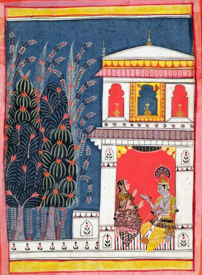 Krishna und eine Dame in einem Pavillon von Indian School