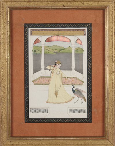 Dame, die einen Pfau mit einer Perlenkette lockt, ca. 1800 von Indian School