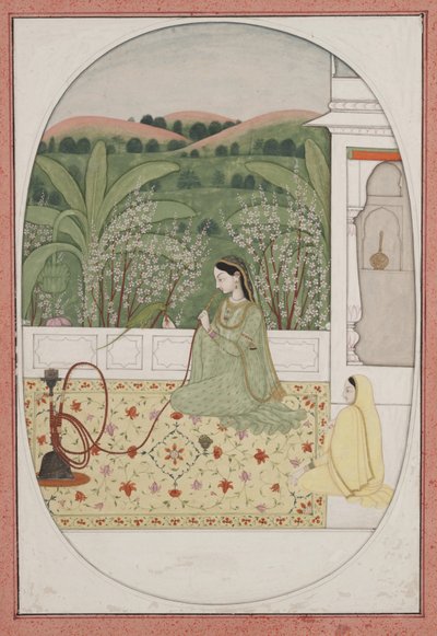 Dame auf einer Terrasse mit einer Wasserpfeife, ca. 1770 von Indian School