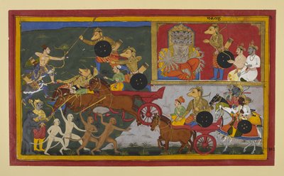 Makaraksha kämpft gegen Rama und Lakshmana, fällt aber durch ihre Pfeile von Indian School