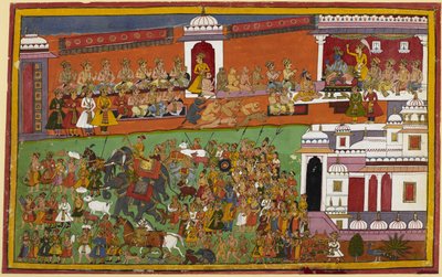Affen, Bären und andere versammeln sich, als Rama abreist, mit Begleitern, die das Opferfeuer tragen von Indian School