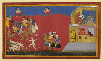 Affen verwechseln Vibhīṣaṇa mit Indrajit; Nārada lobt Nārāyaṇa, während Rāvaṇa speist von Indian School