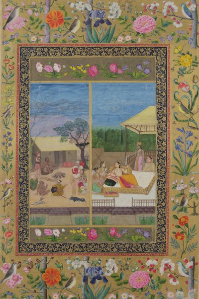 Ms E-14 Musiker und Zuhörer am Feuer und eine Edelfrau mit ihren Dienern, aus einem Moraqqa von Indian School