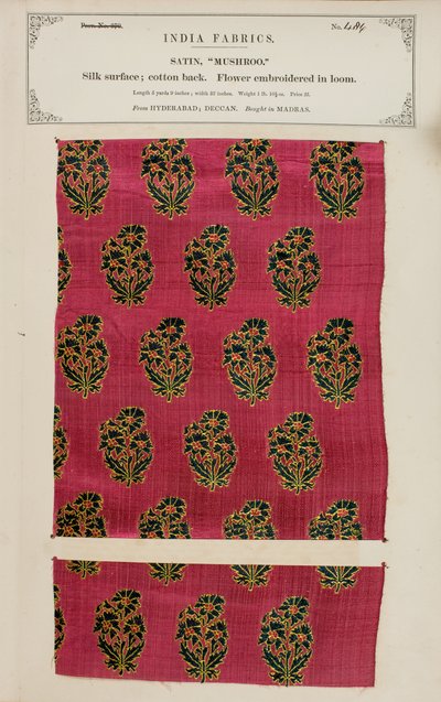 Mushroo-Satinmuster aus Hyderabad in Deccan, aus The Collection of the Textile Manufacturers of India, von John Forbes Watson, veröffentlicht 1866 von Indian School