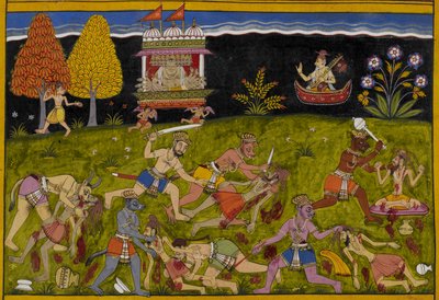 Nārada drängt Rāvaṇa, Yama herauszufordern, anstatt Sterbliche, während Dämonen Wald-Rishis verwüsten von Indian School