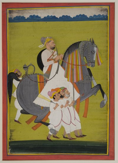 Porträt von Thakur Surtan Singh von Nimbaj, zu Pferd mit Begleitern zu Fuß, 1820 von Indian School