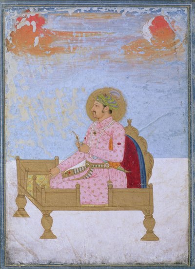 Porträt des Kaisers Jahangir auf einem Thron sitzend, einen Sarapesh haltend, Mughal von Indian School