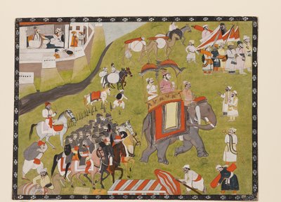 Prozession eines Rajas auf einem Elefanten mit bewaffneter Eskorte und Gefolge, 2. Hälfte des 19. Jahrhunderts von Indian School