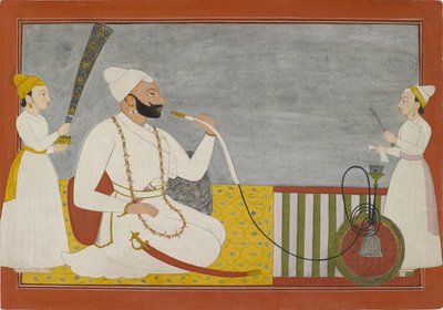 Raja Ajmat Dev von Mankot raucht eine Wasserpfeife, ca. 1730 von Indian School