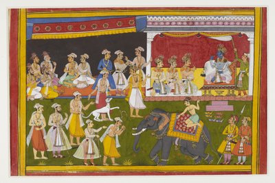 Rama hört die Bitte eines Hundes um Gerechtigkeit, während ein Brahmane in sein Kloster zurückkehrt von Indian School