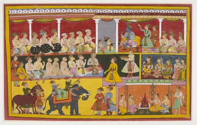 Rama hört Lava und Kusha das Ramayana singen, mit Affen und Vibhishana von Indian School