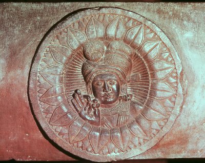 Relief, das eine Lotusblüte mit dem Kopf eines Mannes darstellt, von einem buddhistischen Stupa aus Bharhut, Madhya Pradesh, Späte Maurya-Periode, Sunga-Dynastie (180-72 v. Chr.) von Indian School