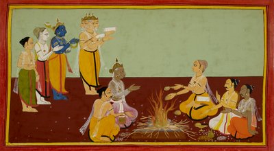 Rishyasringa führt eine Zeremonie zur Erlangung eines Sohnes durch, singt Mantras und bringt Opfergaben dar von Indian School