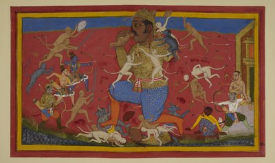 Rāma und Lakṣmaṇa verwunden Kumbhakarṇa, während sich die Dämonen zurückziehen von Indian School
