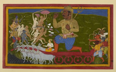 Rama und Verbündete greifen Kumbhakarna an, der sich von seinem Streitwagen aus verteidigt von Indian School