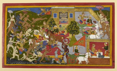 Rama und Verbündete greifen Dämonen an, während Indrajit ein Unsichtbarkeitsritual durchführt von Indian School
