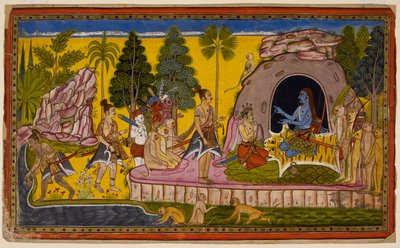 Rama krönt Vibhishana zum König von Lanka und bereitet sich darauf vor, den Ozean um Hilfe zu bitten, um einen Weg nach Lanka zu schaffen von Indian School