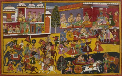 Rama umarmt Bharata, und seine Untertanen bitten, ihn zu begleiten von Indian School